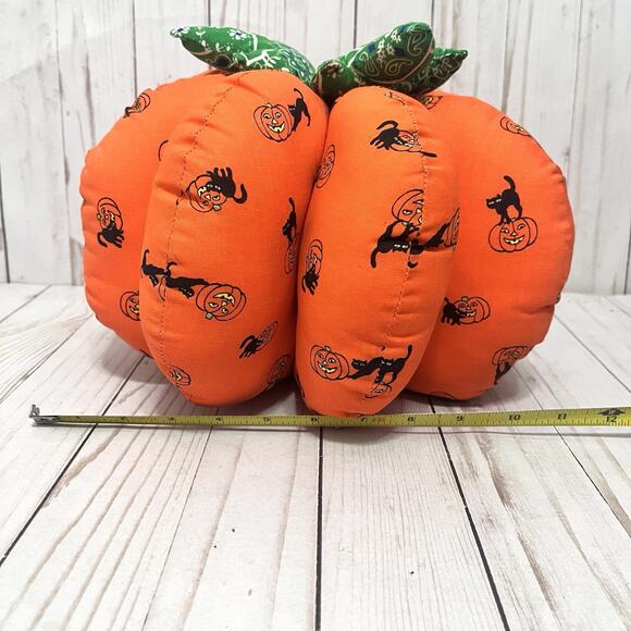 Vintage Cottagecore Handmade Halloween Fabric Large Pumpkin Plush Farmhouse - Picture 7 of 8